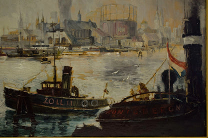 1900-1930 Tableau ancien Port de Hambourg, signé Johannes Kuhn, huile 117,5x86cm