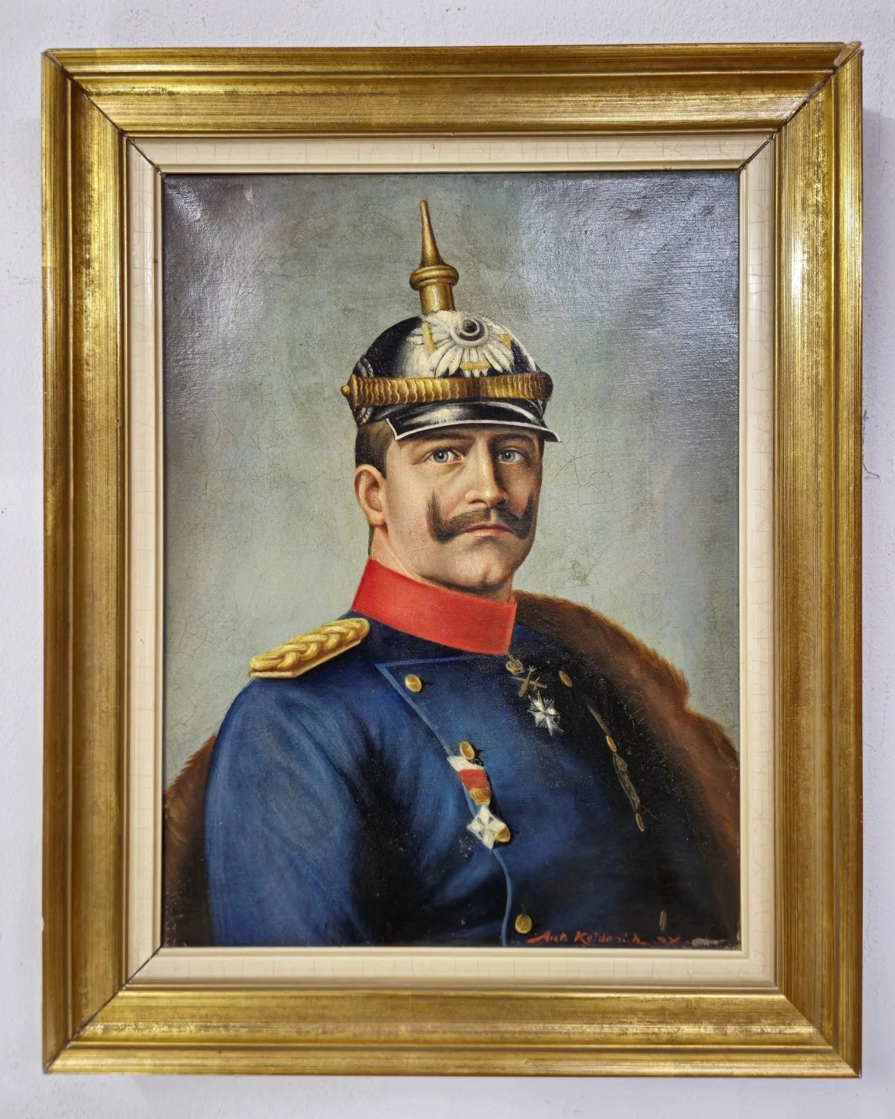 Tableau ancien huile Anton Keldenich (1874-1936) portrait empereur Guillaume II