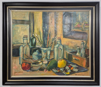 Tableau huile signé daté 1947 peinture moderne nature morte atelier