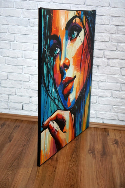 portrait feminin femme yeux bleux tableau peinture huile sur toile signée