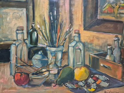 Tableau huile signé daté 1947 peinture moderne nature morte atelier