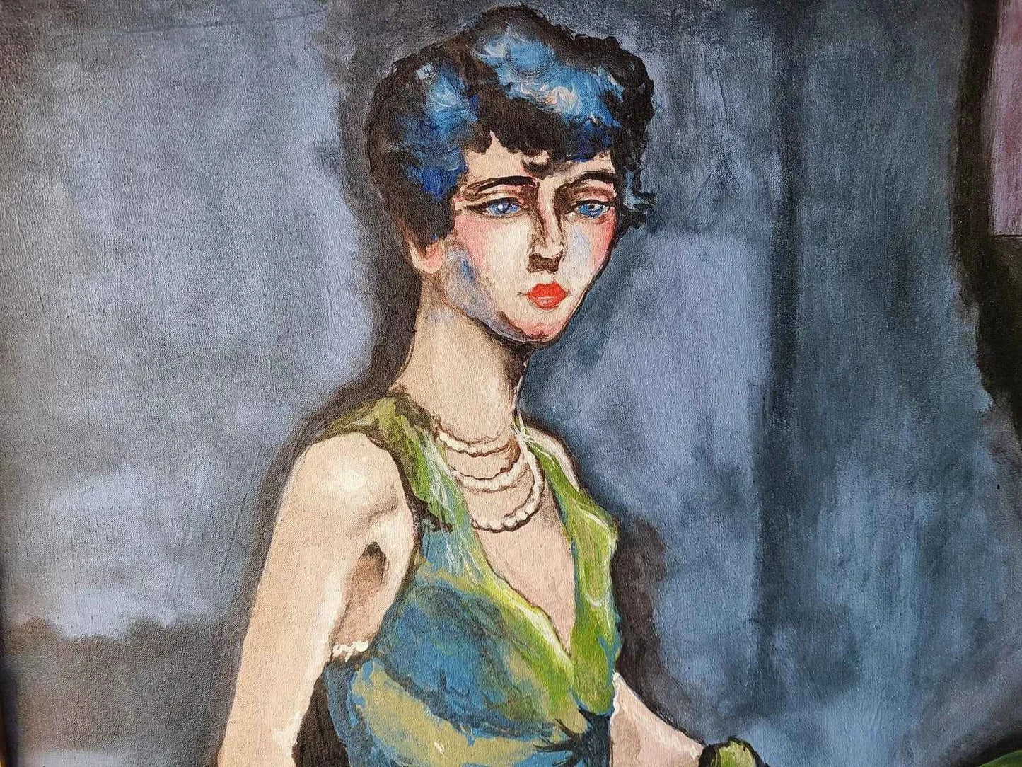 art-decoration-tableau-peinture-huile-toile-moderne-portrait-feminin-femme-personnage-robe verte-d'aprés KEES VAN DONGEN