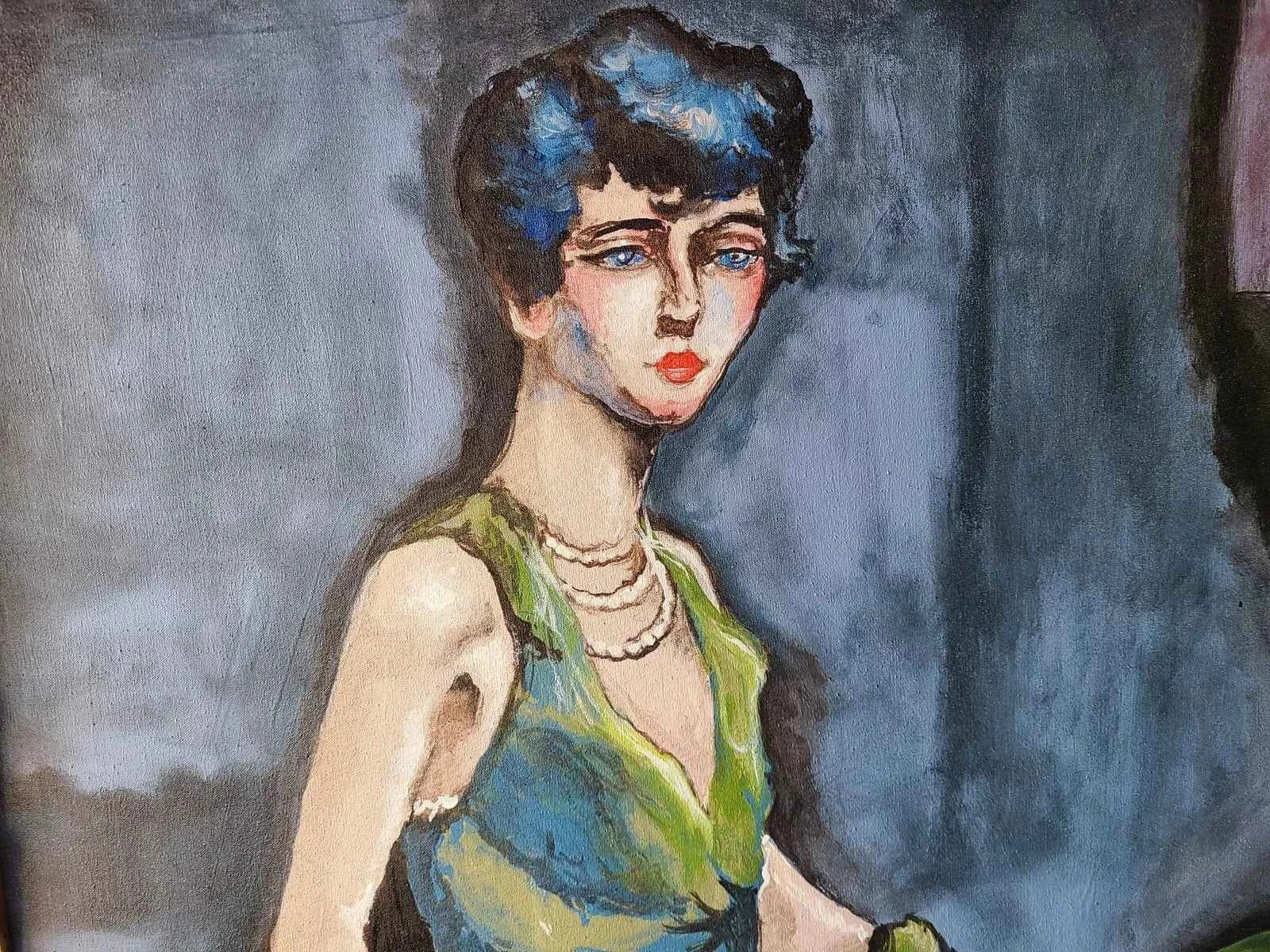 art-decoration-tableau-peinture-huile-toile-moderne-portrait-feminin-femme-personnage-robe verte-d'aprés KEES VAN DONGEN