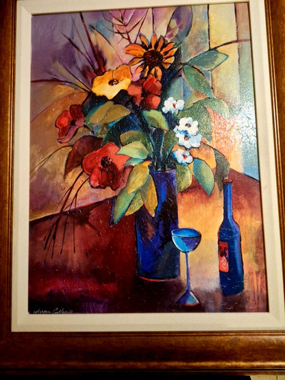 Tableau huile nature morte original artiste signé Warren Cullar 25x31"