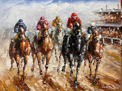 scéne course de chevaux galop huile sur toile