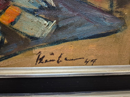 Tableau huile signé daté 1947 peinture moderne nature morte atelier