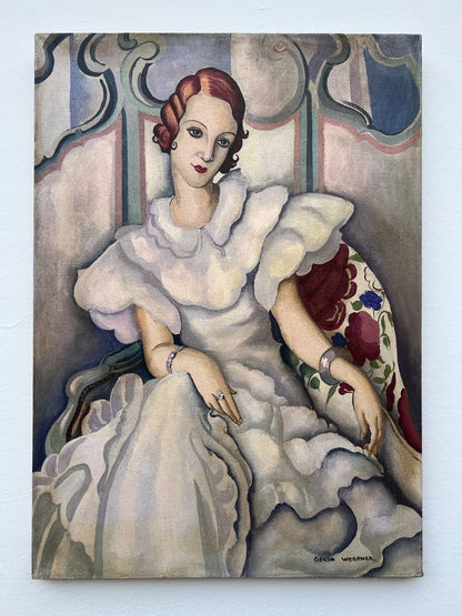 art-decoration-tableau-peinture-huile-toile-moderne-portrait-feminin-femme-personnage-robe-blanche-d'aprés Gerda Wegener