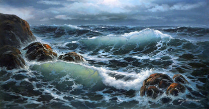 art-decoration-tableau-peinture-huile-toile-paysage-marin-vague-ocean-rocher