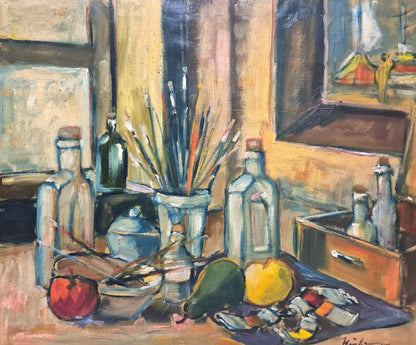 Tableau huile signé daté 1947 peinture moderne nature morte atelier