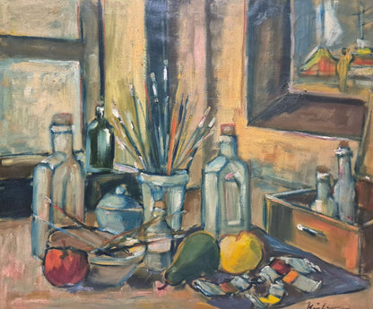 Tableau huile signé daté 1947 peinture moderne nature morte atelier