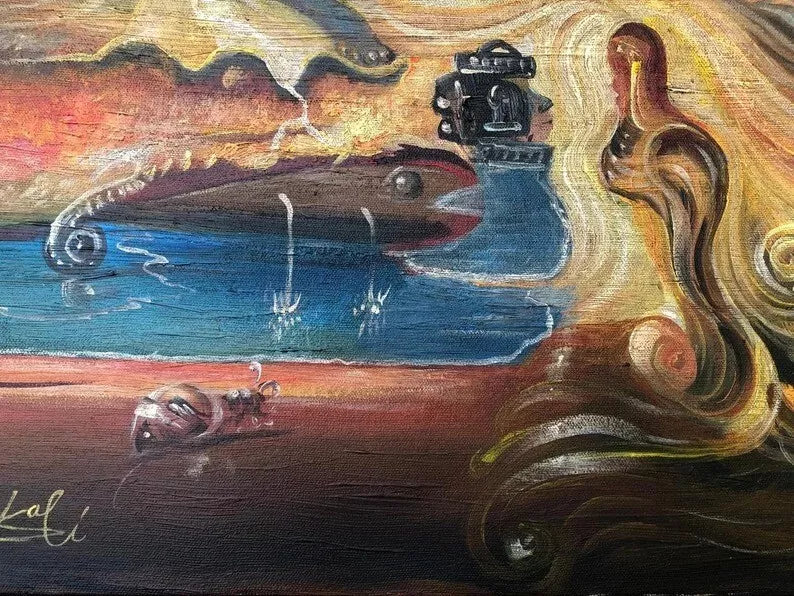 art-decoration-tableau-peinture-huile-toile-surrealisme-scene-personnages-chien