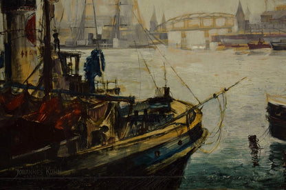 1900-1930 Tableau ancien Port de Hambourg, signé Johannes Kuhn, huile 117,5x86cm