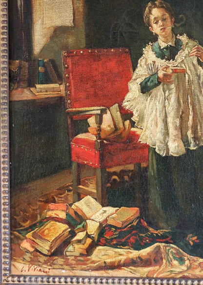 art-scene-vie-portrait-prelat-fume-pipe-peinture-huile-toile-cadre