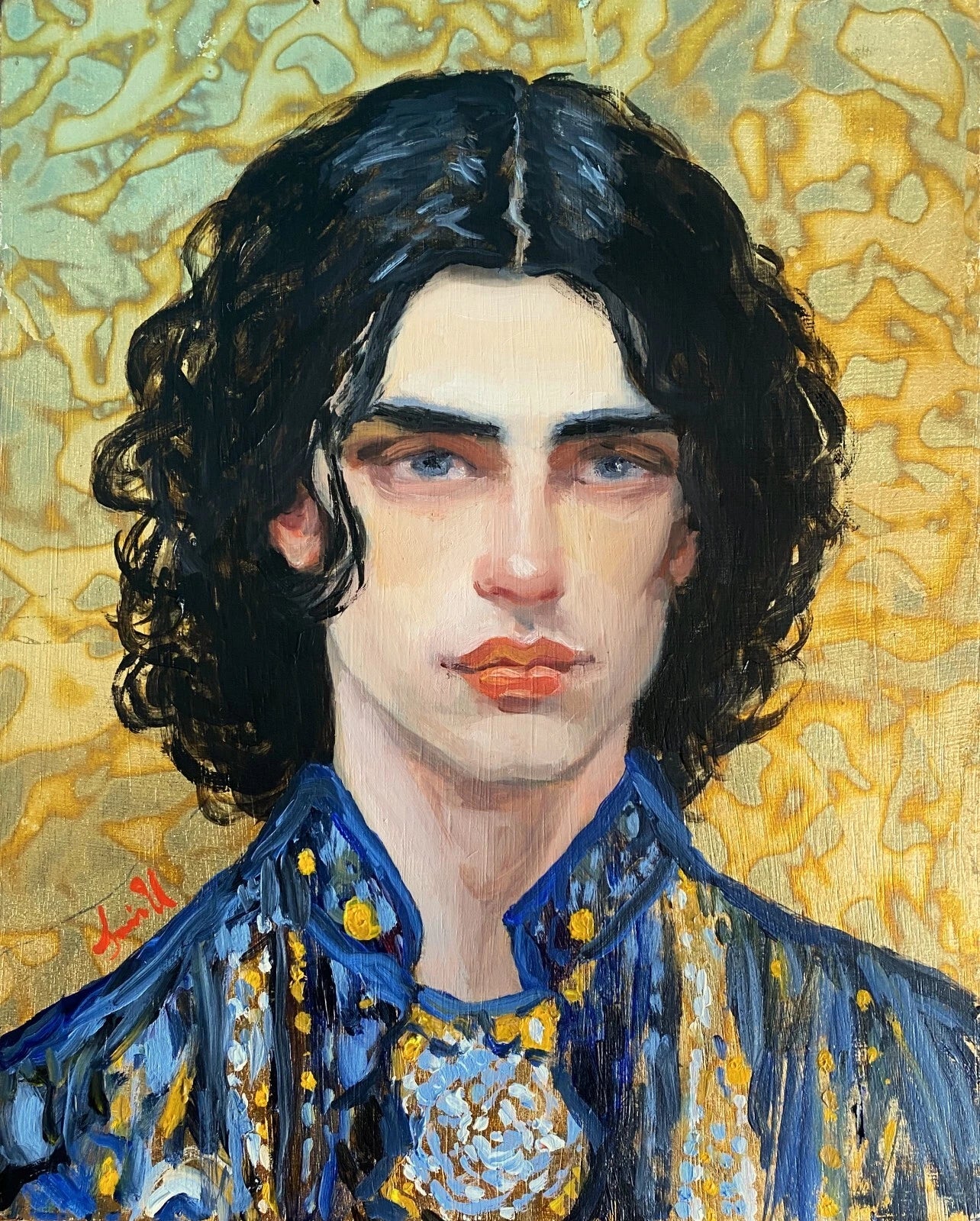 Peinture à l'huile originale d'un jeune homme brun, inspiré de Klimt, sur panneau de bois doré à la feuille d'or. (Copie)