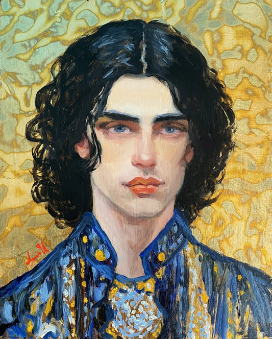 Peinture à l'huile originale d'un jeune homme brun, inspiré de Klimt, sur panneau de bois doré à la feuille d'or. (Copie)