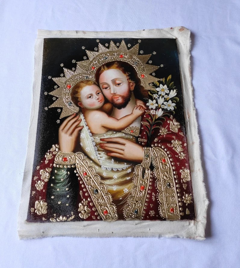 art-decoration-tableau-peinture-huile-toile-portrait-religieux-saint-joseph-enfant-jésus-cuzco