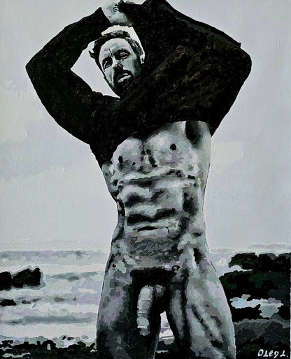 art-decoration-tableau-peinture-huile-toile-erotique-homme-nu-male-lgbt-RESILIENCE BY THE SEA