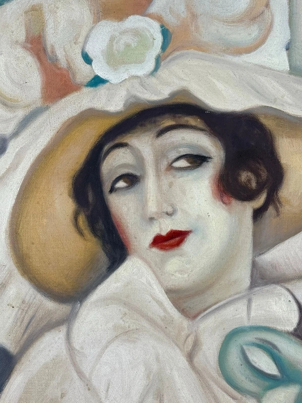 art-decoration-tableau-peinture-huile-toile-moderne-portrait-feminin-femme-personnage-chapeau-masque-d'aprés Gerda Wegener