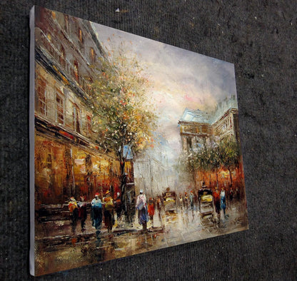 art-scène-rue-Paris-France-personnages-fiacre-peinture-huile-toile
