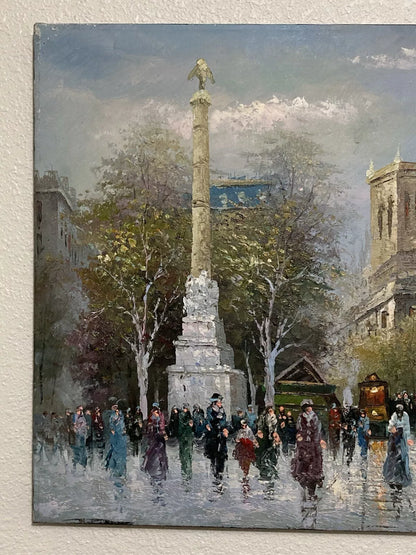 art-decoration-tableau-peinture-huile-toile--paysage-scene-personnages-rue-Paris