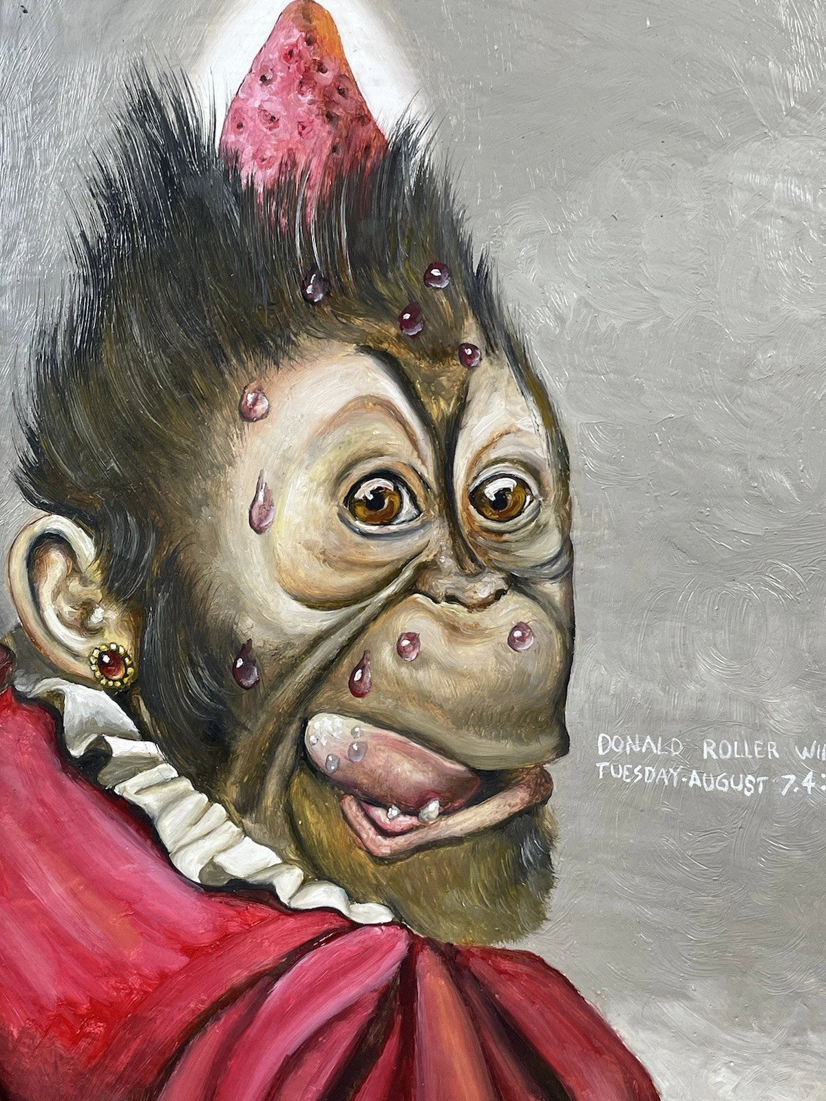 art-decoration-tableau-peinture-huile-toile-surrealisme-portrait-singe-fraise-d'apres Donald Roller