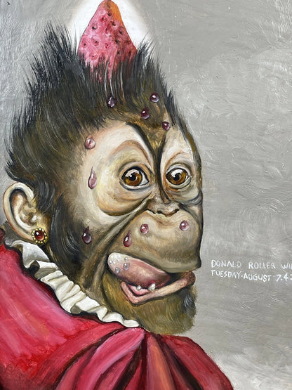 art-decoration-tableau-peinture-huile-toile-surrealisme-portrait-singe-fraise-d'apres Donald Roller
