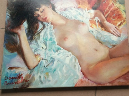 art-decoration-erotique-tableau-peinture-huile-toile-femme-denudée-seins nus-poitrine-endormie