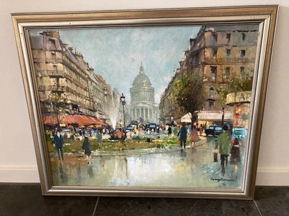 art-decoration-paysage-scene-vie-rue-Paris-France-Pantheon-peinture-huile-toile