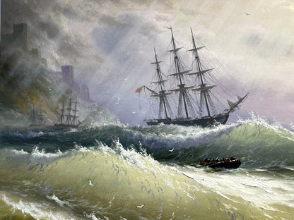 art-decoration-tableau-peinture-huile-toile-scene-rayon-soleil-mer-vague-tempete