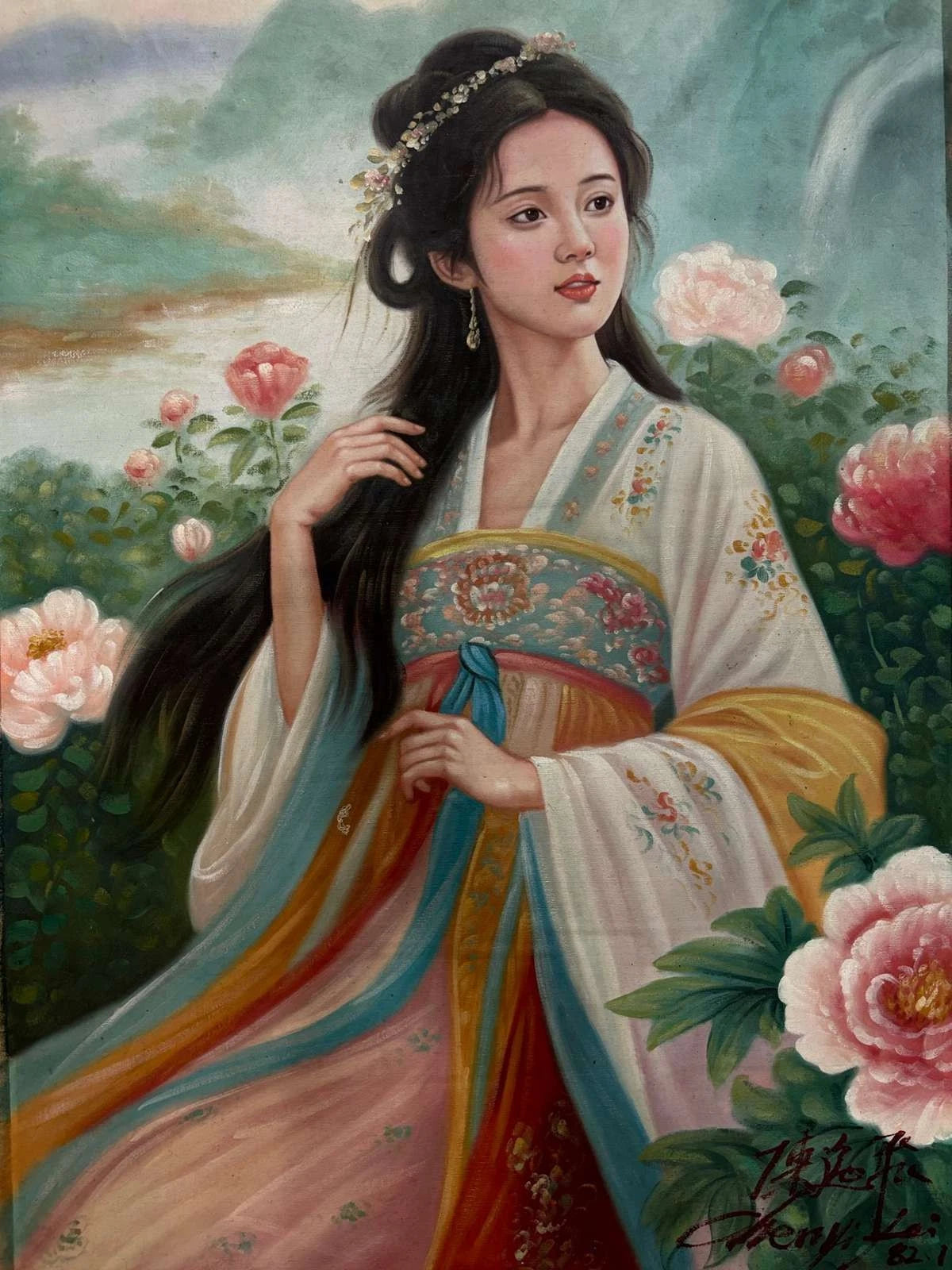 portrait-femme-Peinture à l'huile sur toile "Beauté classique" peinte à la main chinoise par Chen Yifei