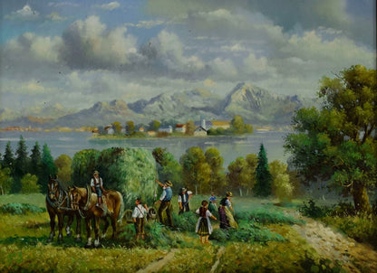Tableau ancien, Vue sur l'île des femmes, copie d'après Josef Hofbauer (1948), huile