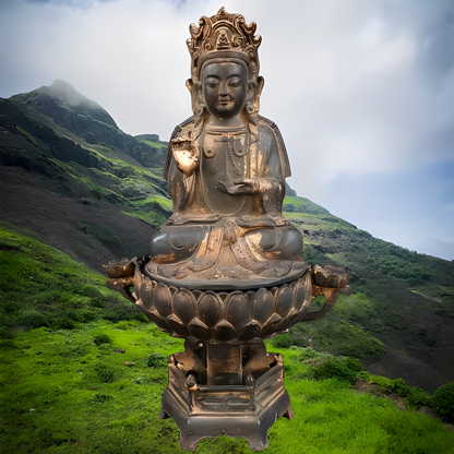 Ancienne statue de Bouddha Jambhala jaune fait main bronze doré
