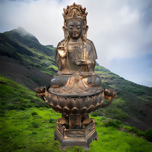 Ancienne statue de Bouddha Jambhala jaune fait main bronze doré