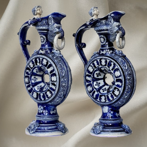 Paire d'anciens pichets carafe Westerwald aiguière sel émail XIXc R Hanke Allemagne