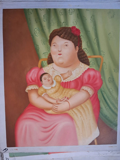 art-decoration-tableau-peinture-huile-toile-portrait-femme-enfant-d'apres Botero