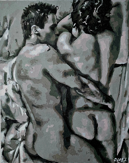 art-decoration-tableau-peinture-huile-toile-erotique-hommes-nus-touche tendresse