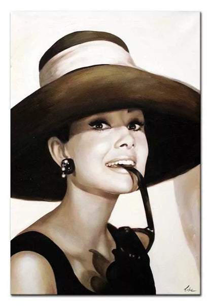 art-Portrait-feminin-star-hollywood-Audrey Hepburn-peinture-noir-blanc-huile sur toile