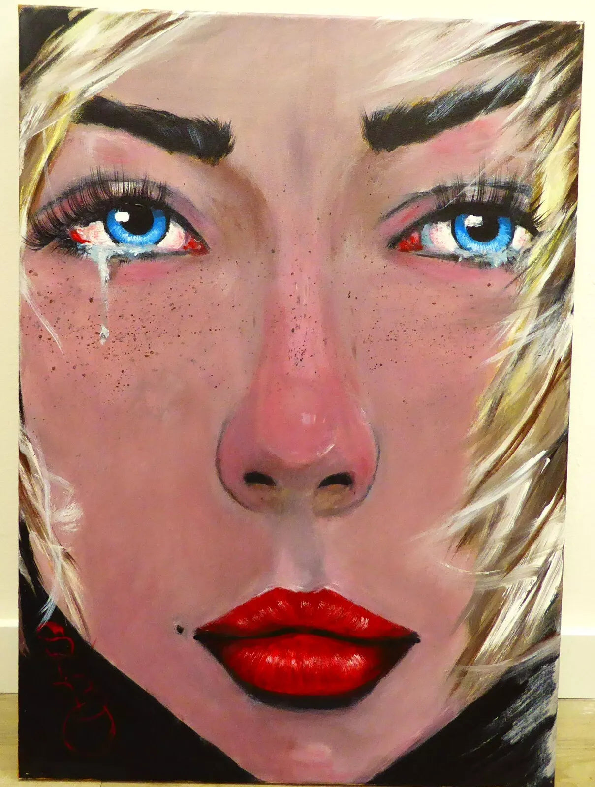 art-decoration-tableau-peinture-huile-toile-portrait-feminin-jeune-femme-blonde-yeux-bleux-pleure