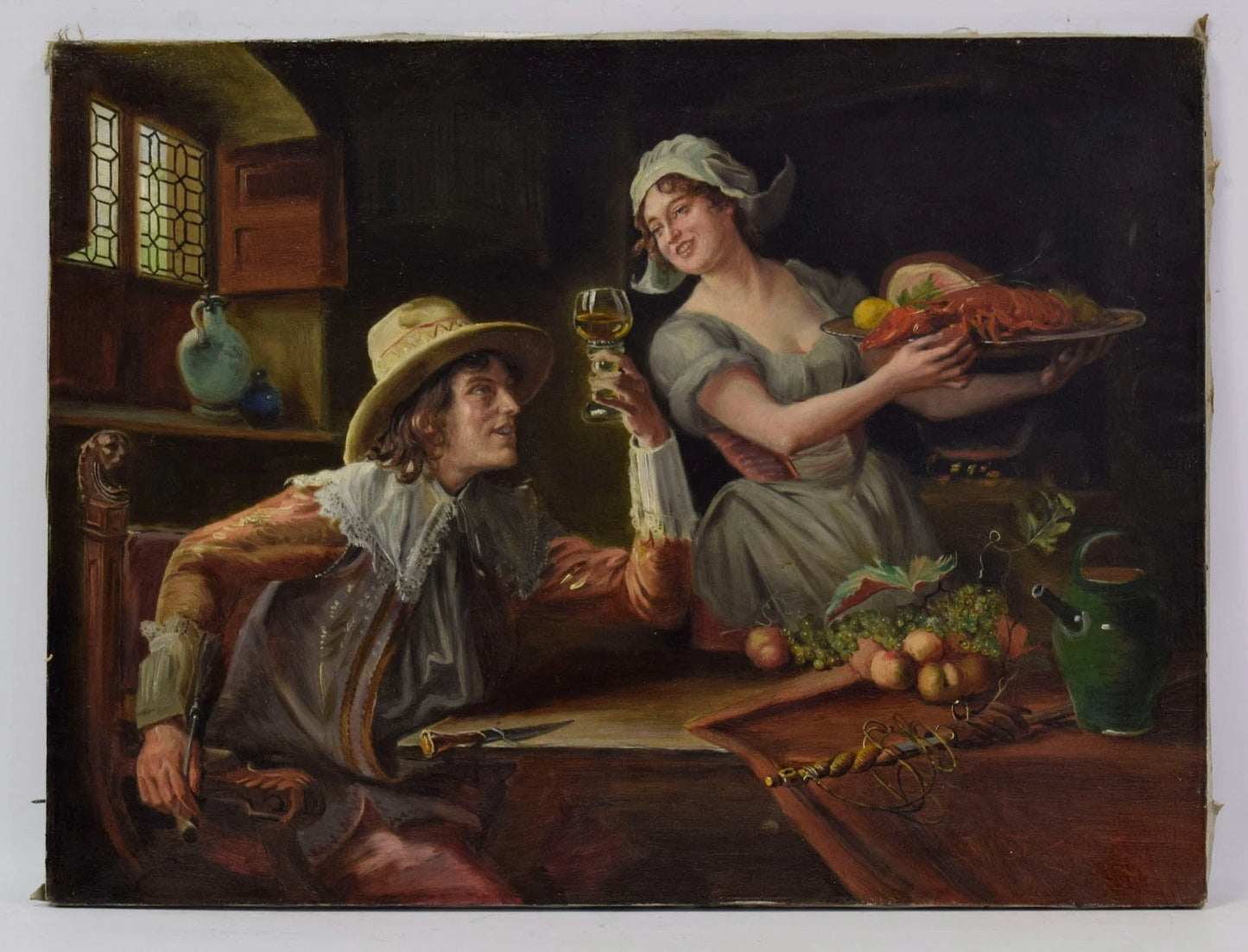 moitié 20. Jh. Tableau ancien, scène de genre dans une taverne, huile, 75 x 56 cm