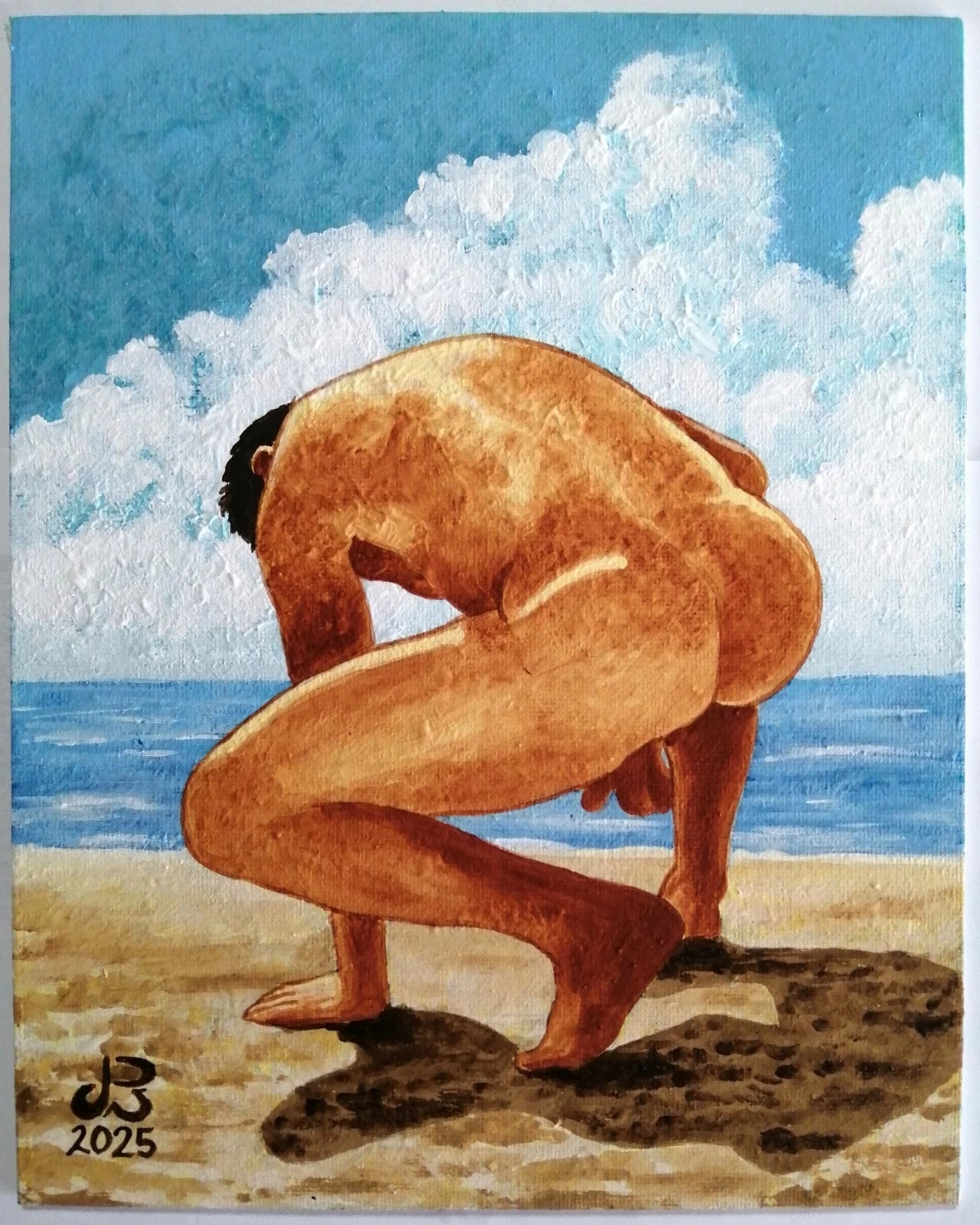 art-decoration-tableau-peinture-huile-toile-portrait-homme-nu-male-plage-"Freedom Beach"