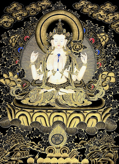 Rare tableau thangka tibétain peint à la main Avalokitshvera Om yoga Chenrezig