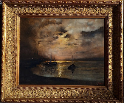 Peinture à l'huile originale romantique voilier coucher de soleil d'après Louis Douzette
