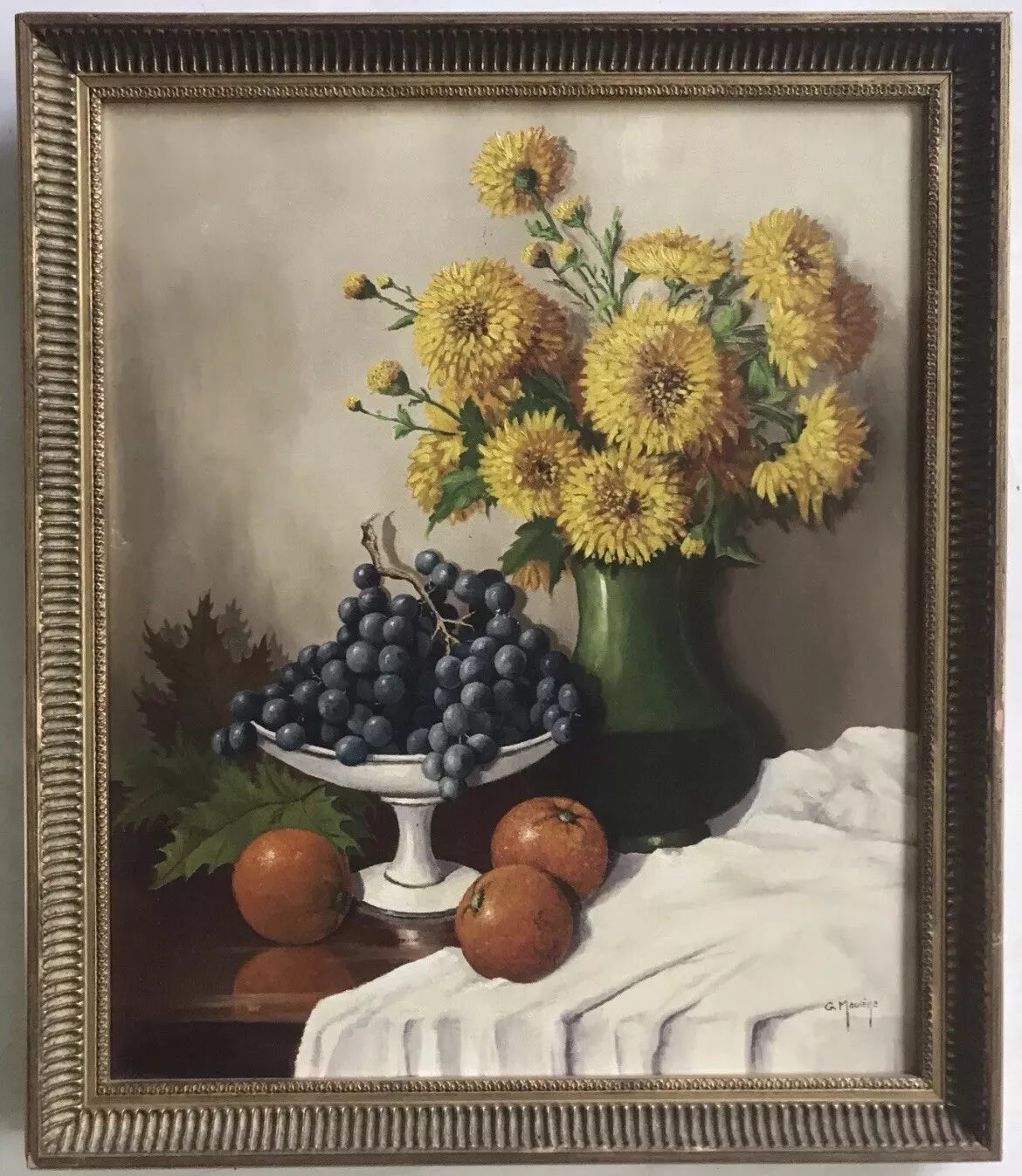 art-nature-morte-fleurs-bouquet-vase-fruits-raisin-orange-peinture-huile-toile