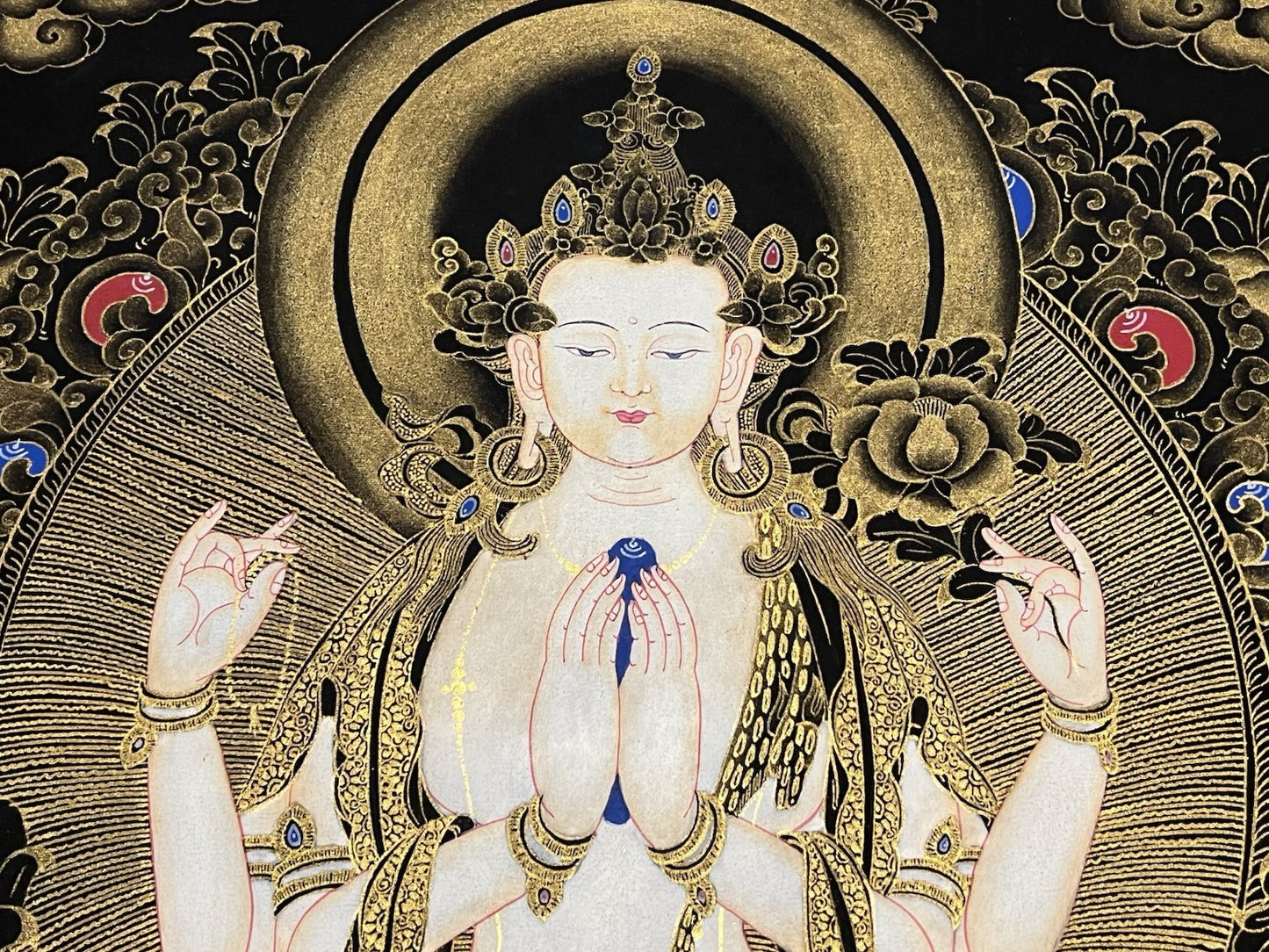 Rare tableau thangka tibétain peint à la main Avalokitshvera Om yoga Chenrezig