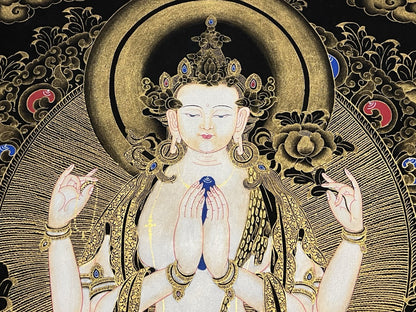 Rare tableau thangka tibétain peint à la main Avalokitshvera Om yoga Chenrezig