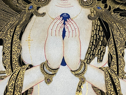 Rare tableau thangka tibétain peint à la main Avalokitshvera Om yoga Chenrezig