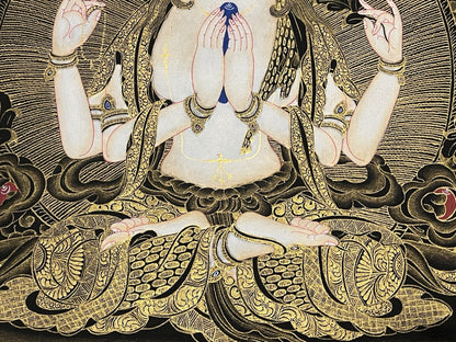 Rare tableau thangka tibétain peint à la main Avalokitshvera Om yoga Chenrezig