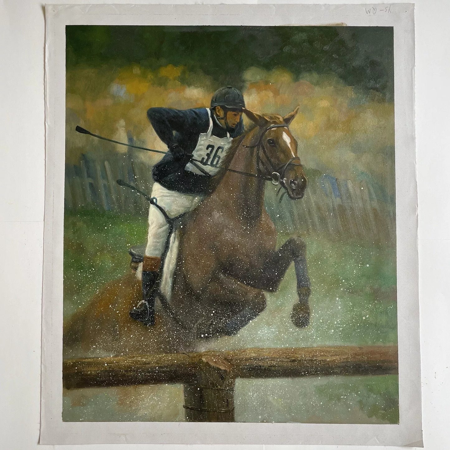 art-scène-vie-saut-hippique-chevaux-galop-jockey-obstacle-peinture-huile-toile