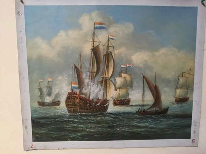 art-peinture-bataille-navale-navire-bateaux-voiles-huile-toile