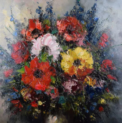 Tableau ancien original tableau signé nature morte bouquet fleurs dans vase